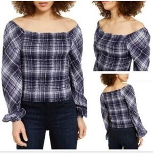 INC Women's Blue Sussex Plaid Smocked-bodice Blouse Shirt Top Size M NWT
